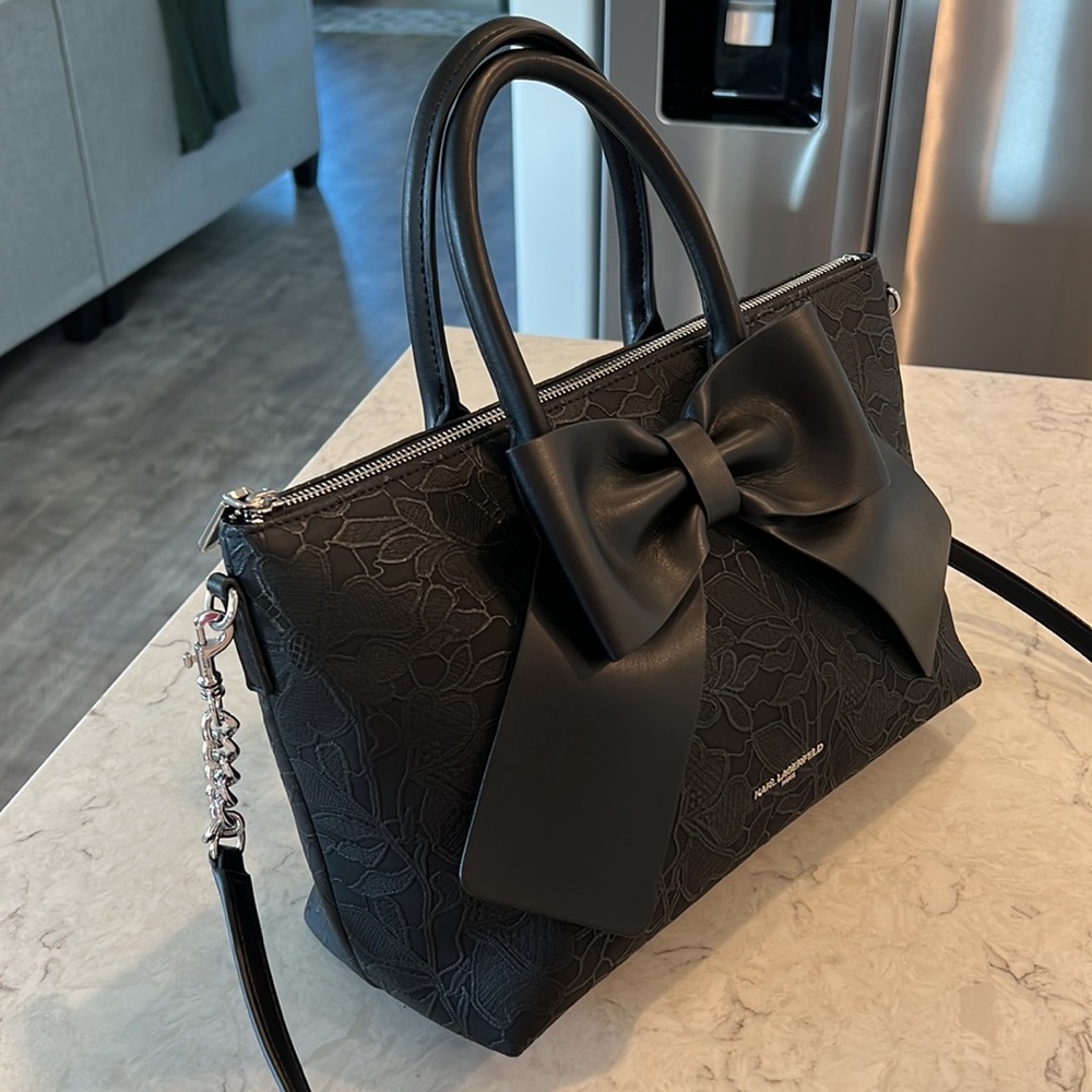 Karl Lagerfeld Paris Kris Satchel - Iconic Big Bow and Floral Charm - Chic Black - Picture 4 of 8